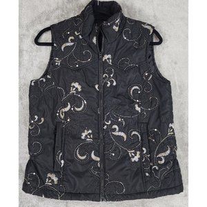 Lifestyle Vest Womens Medium Black Floral Embroidered Sequined Vintage Puffer